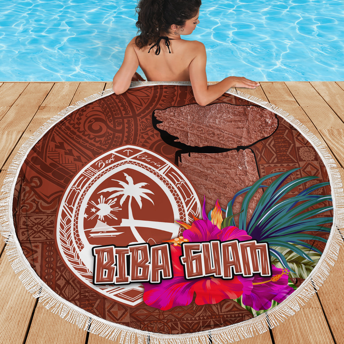 Chamorro Biba Guam Beach Blanket Latte Stone Tribal and Hibiscus Flower Tapa Pattern LT03 - Polynesian Pride