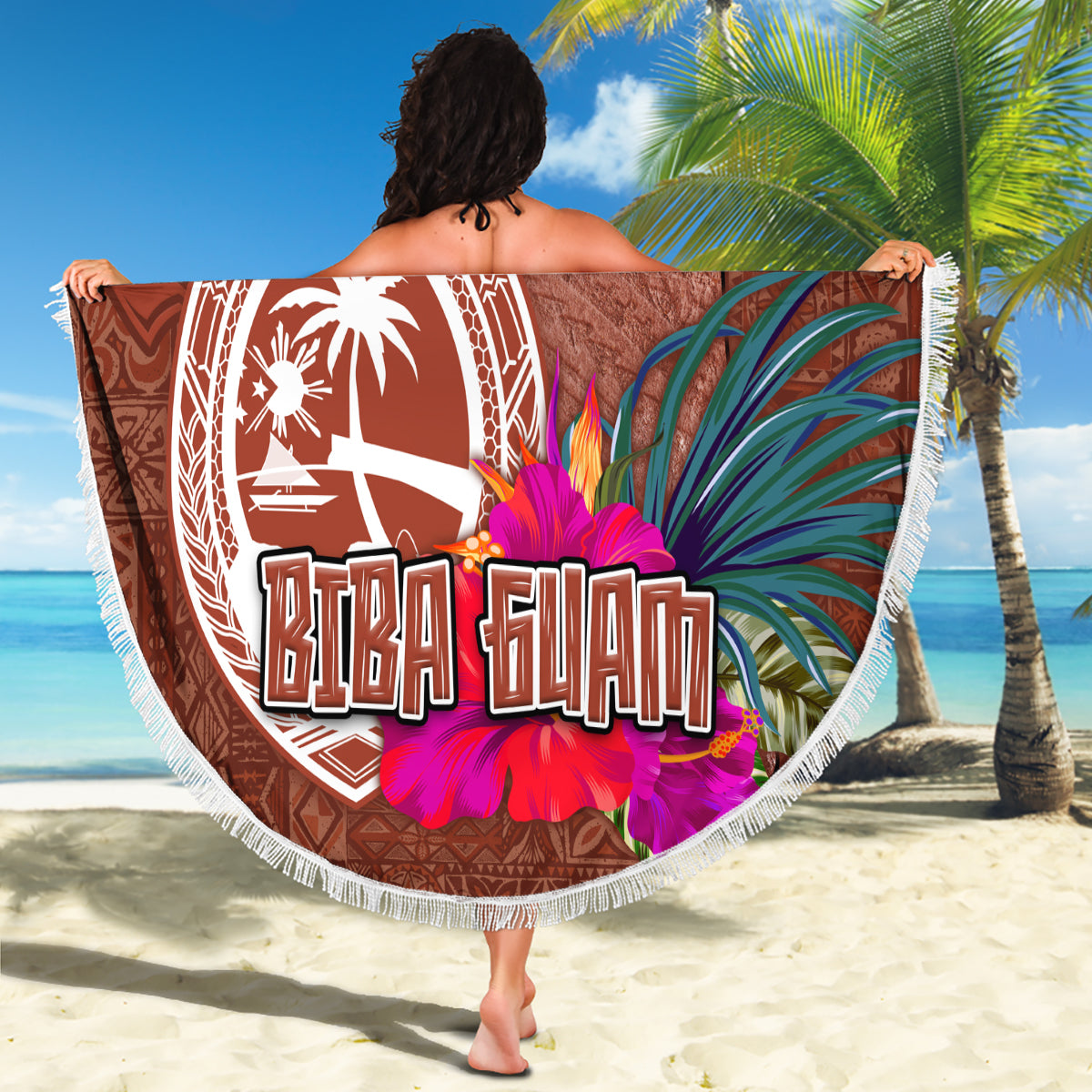 Chamorro Biba Guam Beach Blanket Latte Stone Tribal and Hibiscus Flower Tapa Pattern LT03 - Polynesian Pride