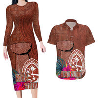 Chamorro Biba Guam Couples Matching Long Sleeve Bodycon Dress and Hawaiian Shirt Latte Stone Tribal and Hibiscus Flower Tapa Pattern LT03 Brown - Polynesian Pride