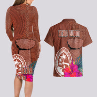 Chamorro Biba Guam Couples Matching Long Sleeve Bodycon Dress and Hawaiian Shirt Latte Stone Tribal and Hibiscus Flower Tapa Pattern LT03 - Polynesian Pride