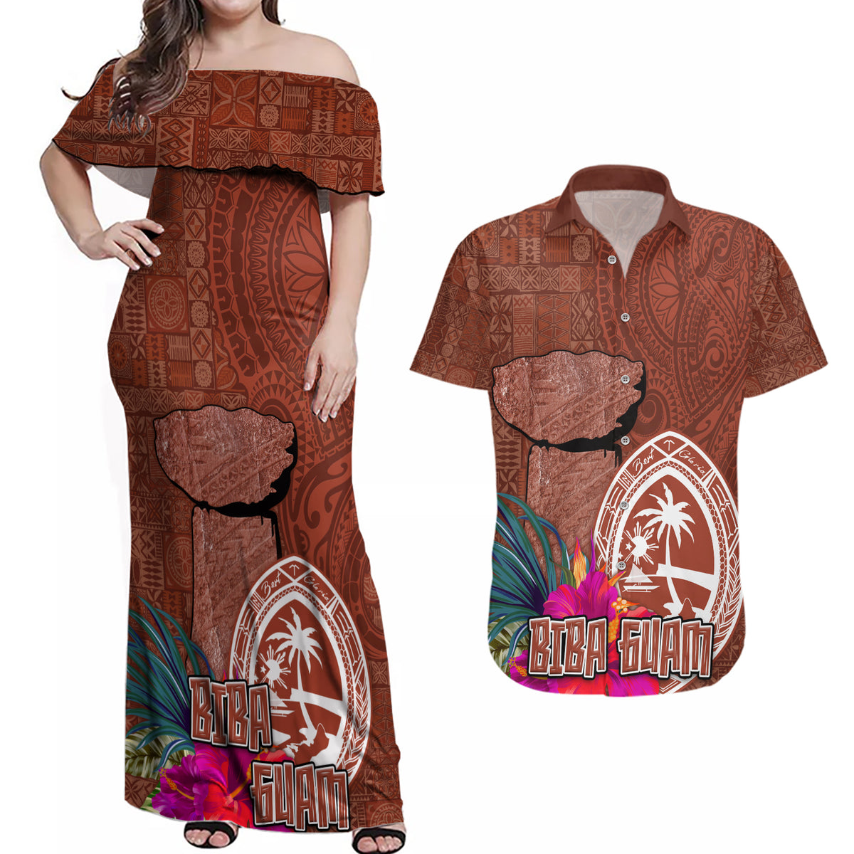 Chamorro Biba Guam Couples Matching Off Shoulder Maxi Dress and Hawaiian Shirt Latte Stone Tribal and Hibiscus Flower Tapa Pattern LT03 Brown - Polynesian Pride
