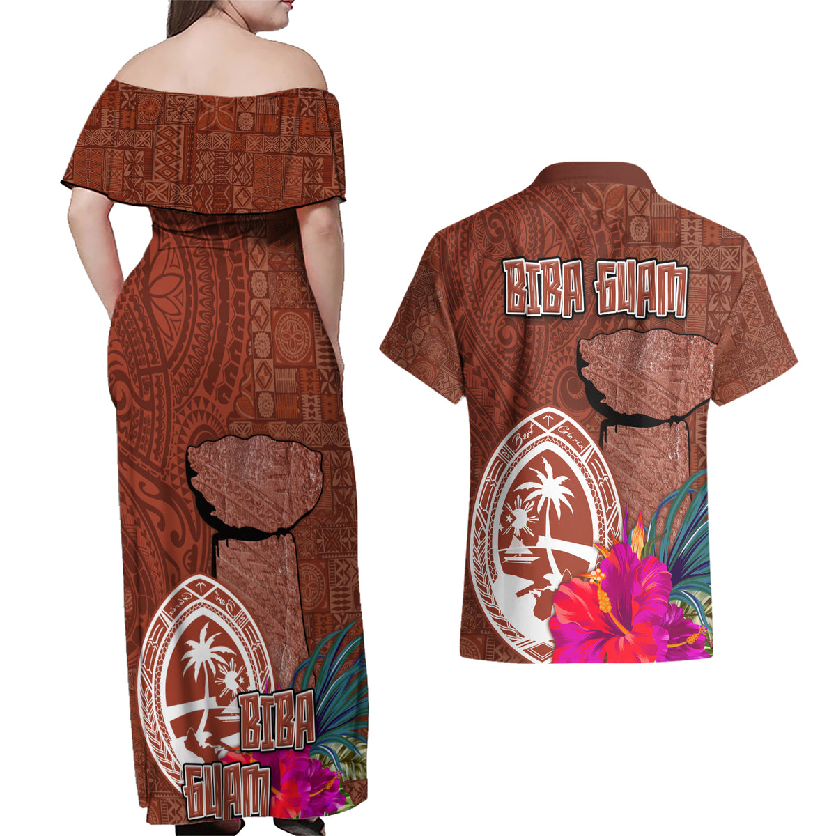 Chamorro Biba Guam Couples Matching Off Shoulder Maxi Dress and Hawaiian Shirt Latte Stone Tribal and Hibiscus Flower Tapa Pattern LT03 - Polynesian Pride