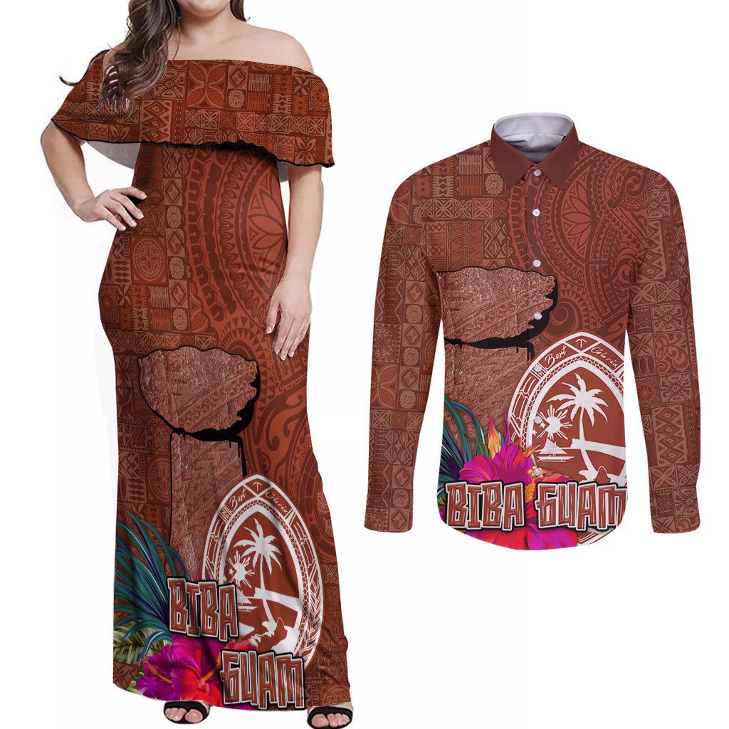Chamorro Biba Guam Couples Matching Off Shoulder Maxi Dress and Long Sleeve Button Shirt Latte Stone Tribal and Hibiscus Flower Tapa Pattern LT03 Brown - Polynesian Pride