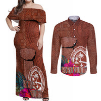 Chamorro Biba Guam Couples Matching Off Shoulder Maxi Dress and Long Sleeve Button Shirt Latte Stone Tribal and Hibiscus Flower Tapa Pattern LT03 Brown - Polynesian Pride