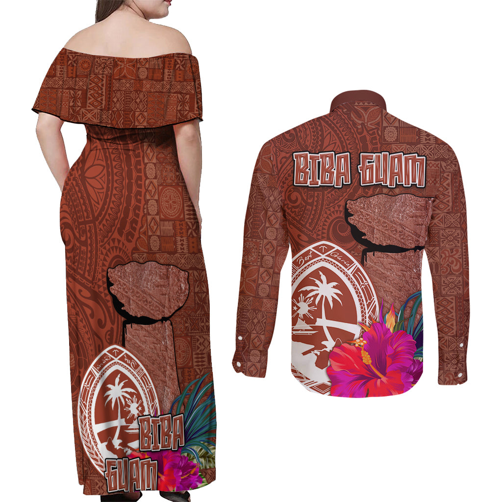 Chamorro Biba Guam Couples Matching Off Shoulder Maxi Dress and Long Sleeve Button Shirt Latte Stone Tribal and Hibiscus Flower Tapa Pattern LT03 - Polynesian Pride