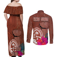 Chamorro Biba Guam Couples Matching Off Shoulder Maxi Dress and Long Sleeve Button Shirt Latte Stone Tribal and Hibiscus Flower Tapa Pattern LT03 - Polynesian Pride