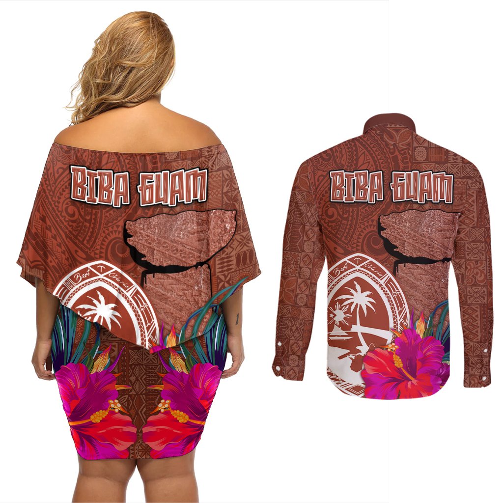 Chamorro Biba Guam Couples Matching Off Shoulder Short Dress and Long Sleeve Button Shirt Latte Stone Tribal and Hibiscus Flower Tapa Pattern LT03 - Polynesian Pride