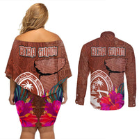 Chamorro Biba Guam Couples Matching Off Shoulder Short Dress and Long Sleeve Button Shirt Latte Stone Tribal and Hibiscus Flower Tapa Pattern LT03 - Polynesian Pride