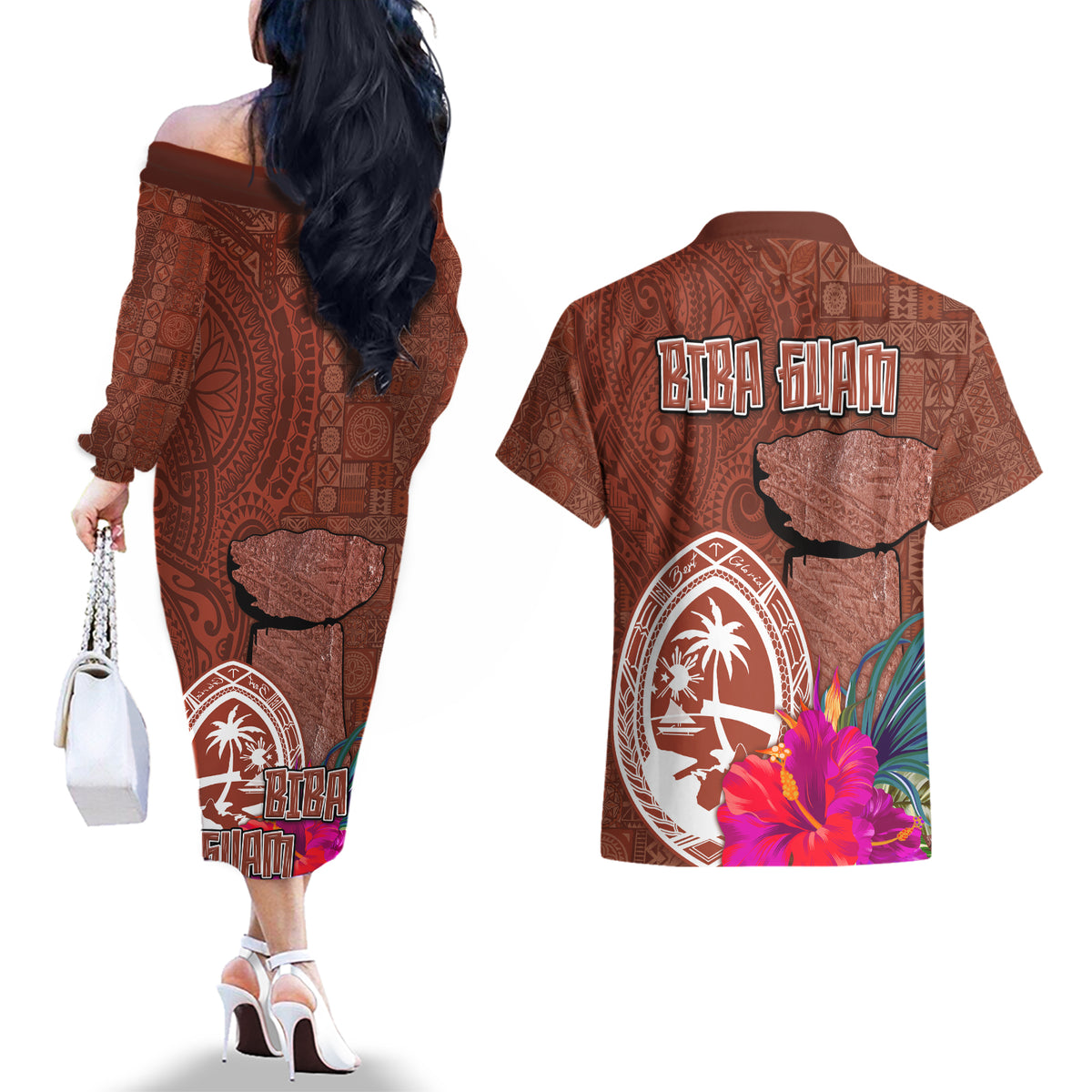 Chamorro Biba Guam Couples Matching Off The Shoulder Long Sleeve Dress and Hawaiian Shirt Latte Stone Tribal and Hibiscus Flower Tapa Pattern LT03 - Polynesian Pride