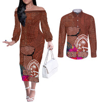 Chamorro Biba Guam Couples Matching Off The Shoulder Long Sleeve Dress and Long Sleeve Button Shirt Latte Stone Tribal and Hibiscus Flower Tapa Pattern LT03 Brown - Polynesian Pride