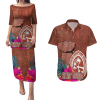 Chamorro Biba Guam Couples Matching Puletasi and Hawaiian Shirt Latte Stone Tribal and Hibiscus Flower Tapa Pattern LT03 Brown - Polynesian Pride