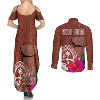 Chamorro Biba Guam Couples Matching Summer Maxi Dress and Long Sleeve Button Shirt Latte Stone Tribal and Hibiscus Flower Tapa Pattern LT03 - Polynesian Pride