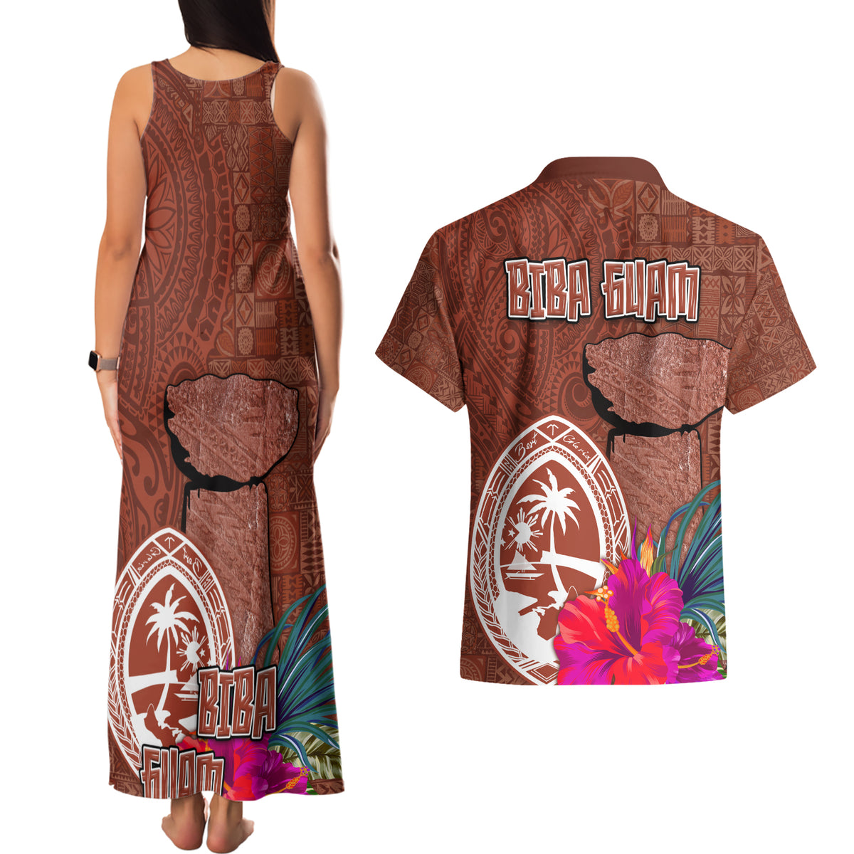Chamorro Biba Guam Couples Matching Tank Maxi Dress and Hawaiian Shirt Latte Stone Tribal and Hibiscus Flower Tapa Pattern LT03 - Polynesian Pride
