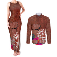 Chamorro Biba Guam Couples Matching Tank Maxi Dress and Long Sleeve Button Shirt Latte Stone Tribal and Hibiscus Flower Tapa Pattern LT03 Brown - Polynesian Pride