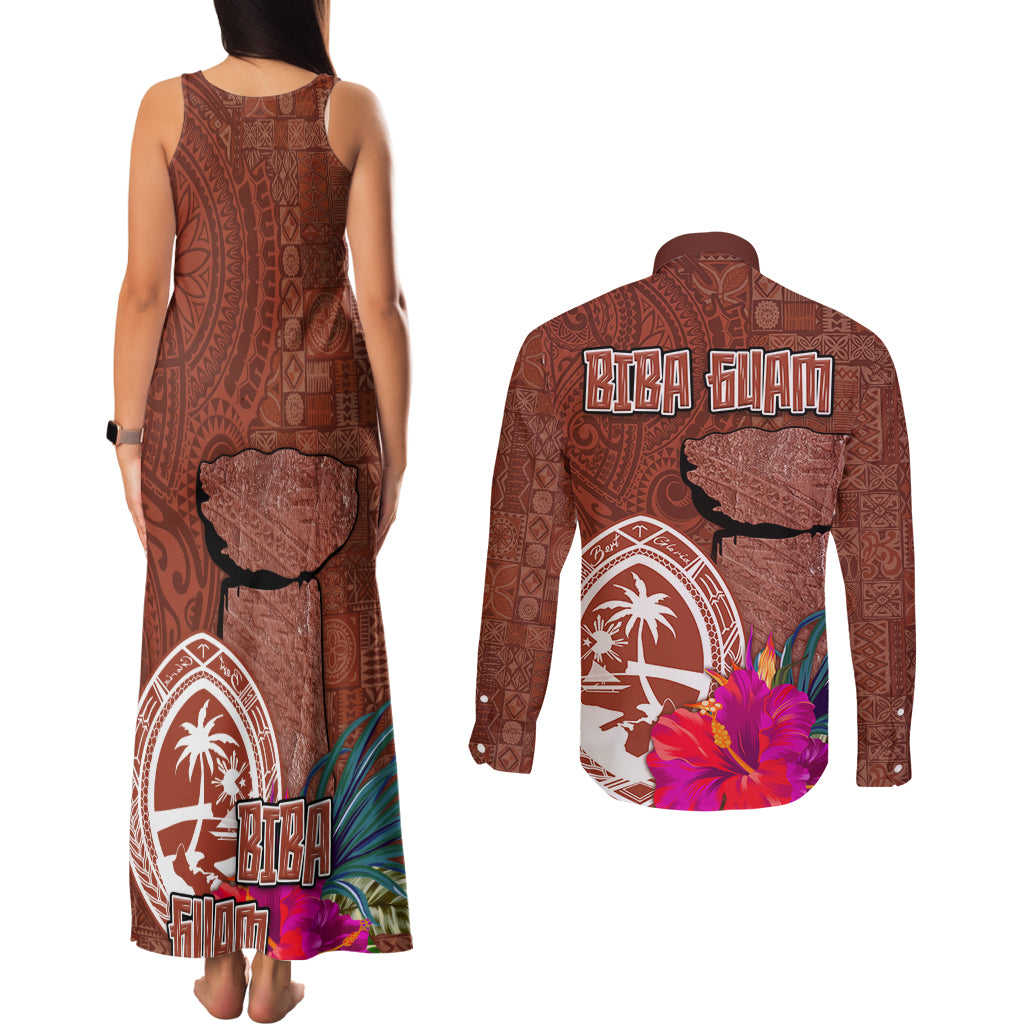 Chamorro Biba Guam Couples Matching Tank Maxi Dress and Long Sleeve Button Shirt Latte Stone Tribal and Hibiscus Flower Tapa Pattern LT03 - Polynesian Pride