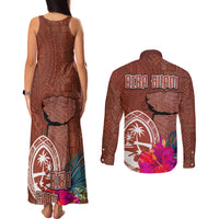 Chamorro Biba Guam Couples Matching Tank Maxi Dress and Long Sleeve Button Shirt Latte Stone Tribal and Hibiscus Flower Tapa Pattern LT03 - Polynesian Pride