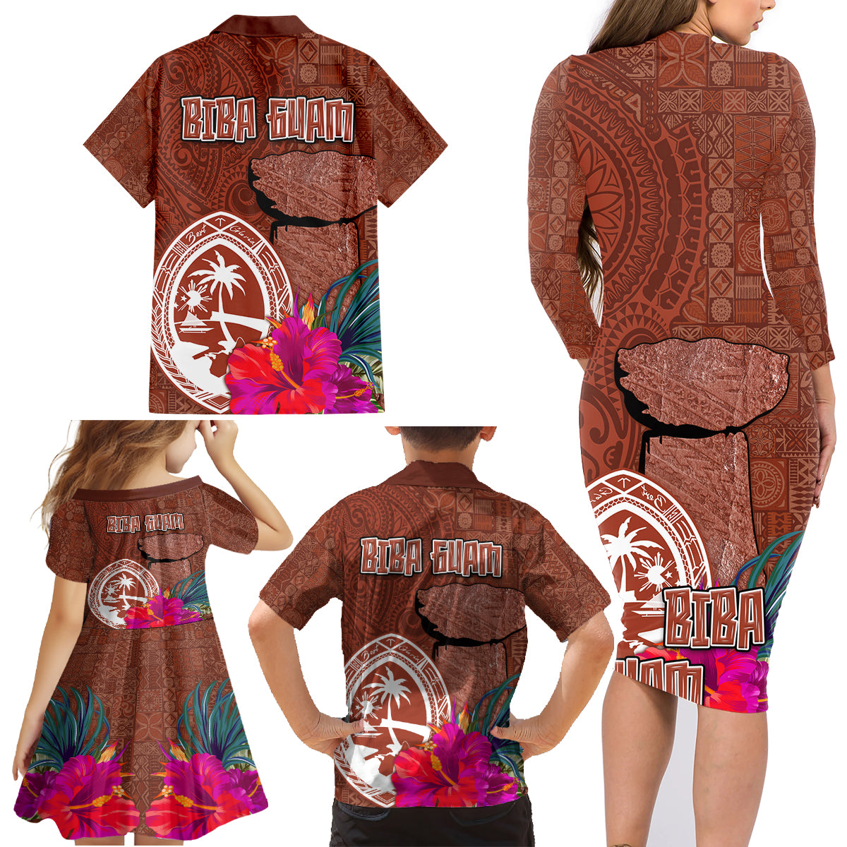 Chamorro Biba Guam Family Matching Long Sleeve Bodycon Dress and Hawaiian Shirt Latte Stone Tribal and Hibiscus Flower Tapa Pattern LT03 - Polynesian Pride