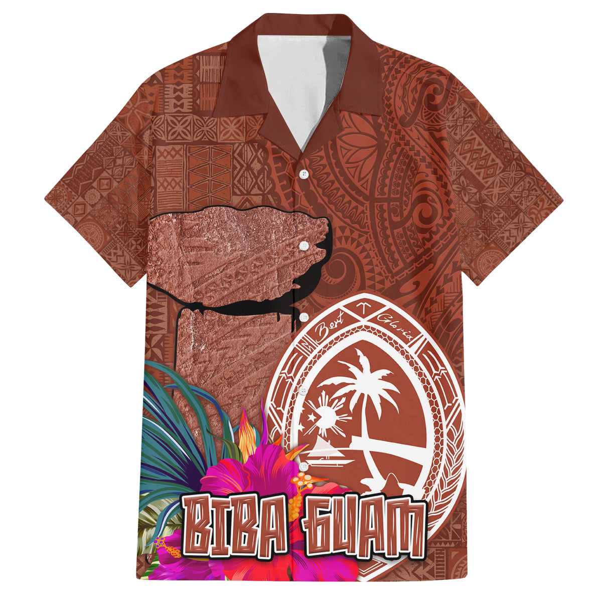 Chamorro Biba Guam Family Matching Long Sleeve Bodycon Dress and Hawaiian Shirt Latte Stone Tribal and Hibiscus Flower Tapa Pattern LT03 Dad's Shirt - Short Sleeve Brown - Polynesian Pride