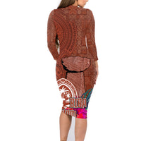 Chamorro Biba Guam Family Matching Long Sleeve Bodycon Dress and Hawaiian Shirt Latte Stone Tribal and Hibiscus Flower Tapa Pattern LT03 - Polynesian Pride