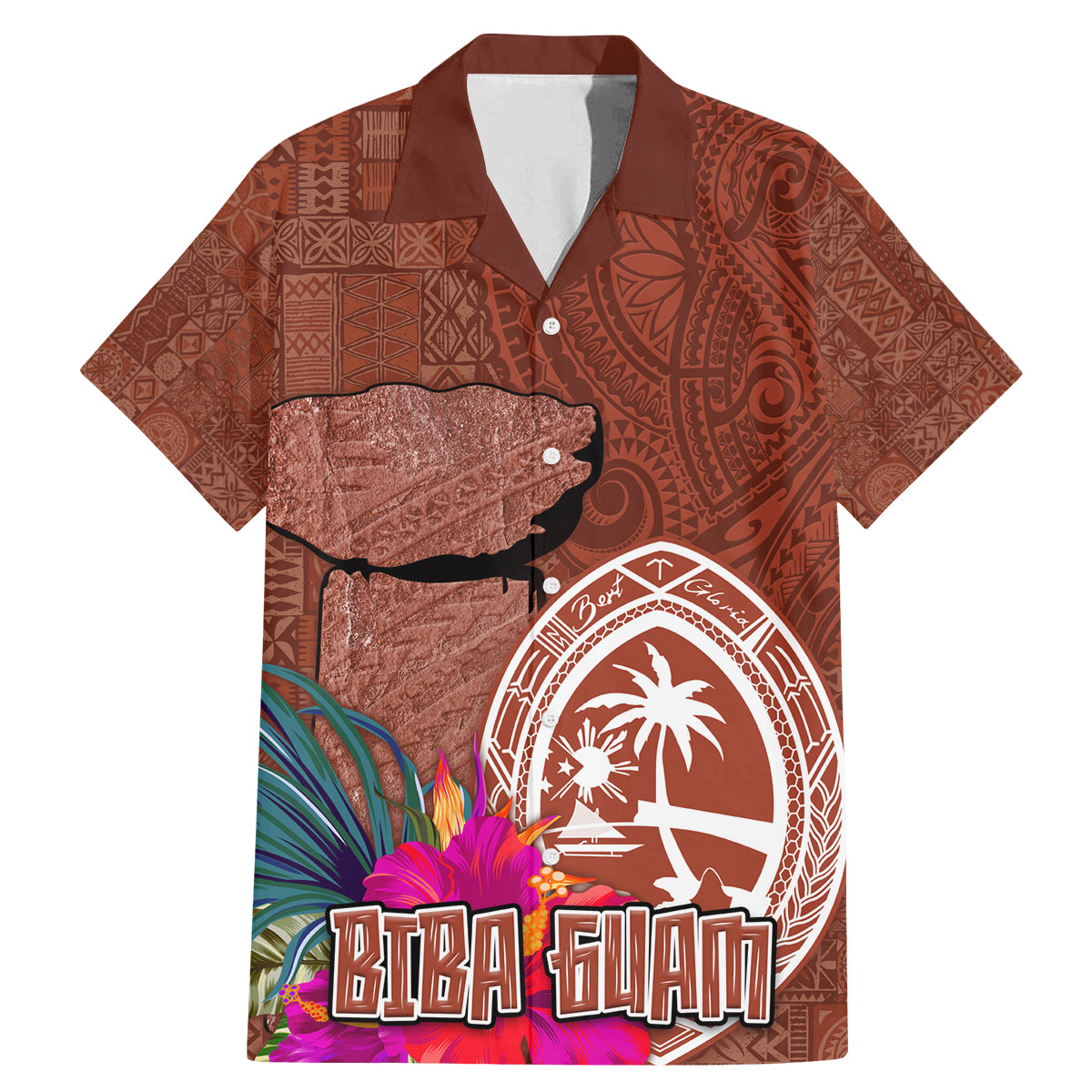 Chamorro Biba Guam Family Matching Mermaid Dress and Hawaiian Shirt Latte Stone Tribal and Hibiscus Flower Tapa Pattern LT03 Dad's Shirt - Short Sleeve Brown - Polynesian Pride