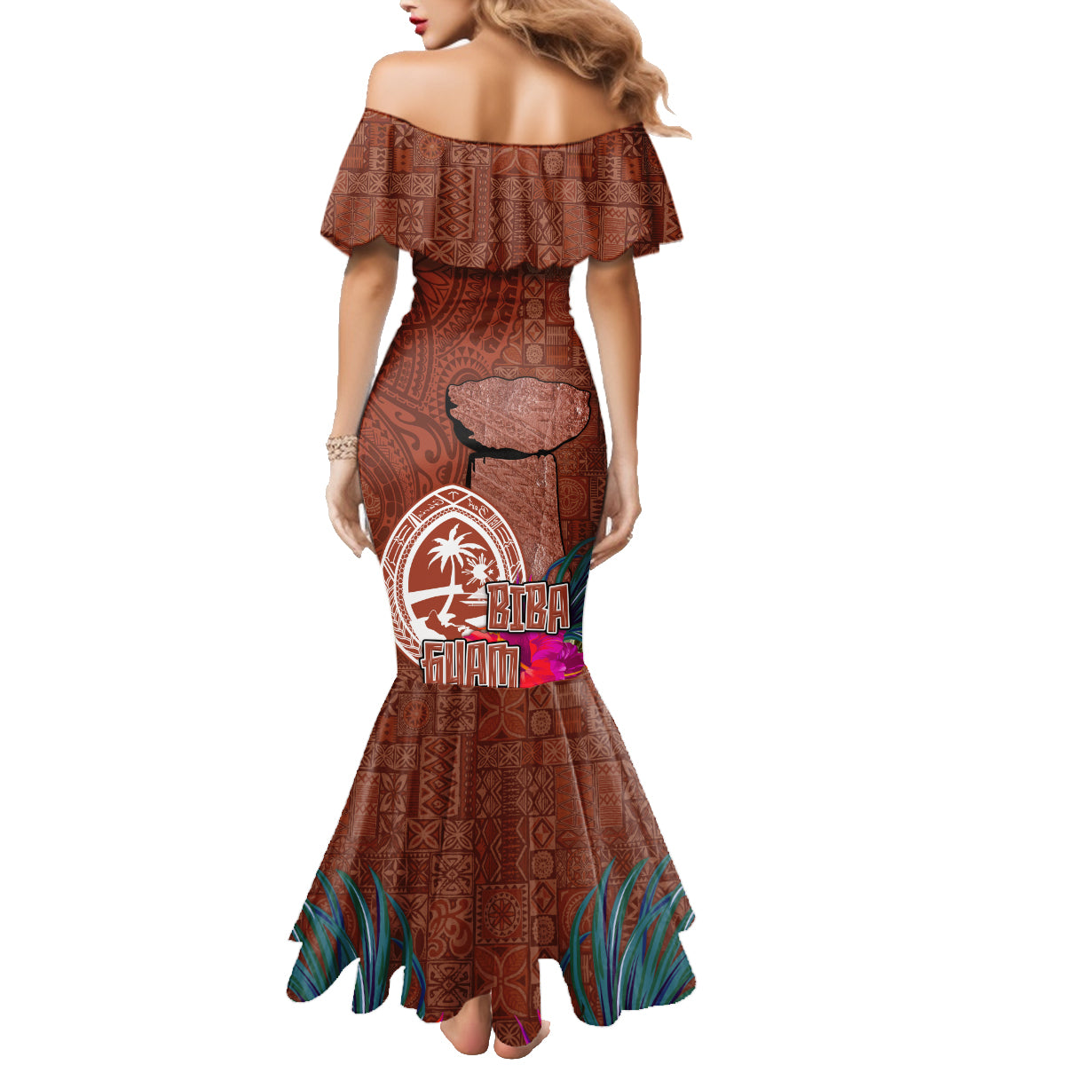 Chamorro Biba Guam Family Matching Mermaid Dress and Hawaiian Shirt Latte Stone Tribal and Hibiscus Flower Tapa Pattern LT03 - Polynesian Pride