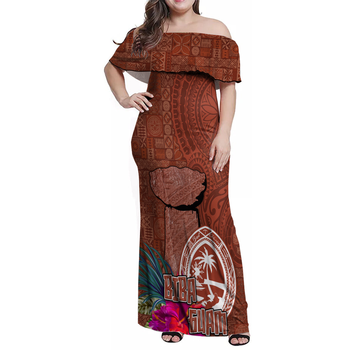 Chamorro Biba Guam Family Matching Off Shoulder Maxi Dress and Hawaiian Shirt Latte Stone Tribal and Hibiscus Flower Tapa Pattern LT03 Mom's Dress Brown - Polynesian Pride