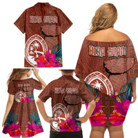 Chamorro Biba Guam Family Matching Off Shoulder Short Dress and Hawaiian Shirt Latte Stone Tribal and Hibiscus Flower Tapa Pattern LT03 - Polynesian Pride