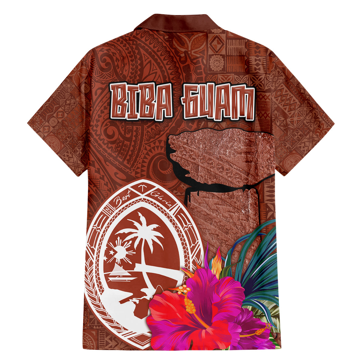 Chamorro Biba Guam Family Matching Off Shoulder Short Dress and Hawaiian Shirt Latte Stone Tribal and Hibiscus Flower Tapa Pattern LT03 - Polynesian Pride