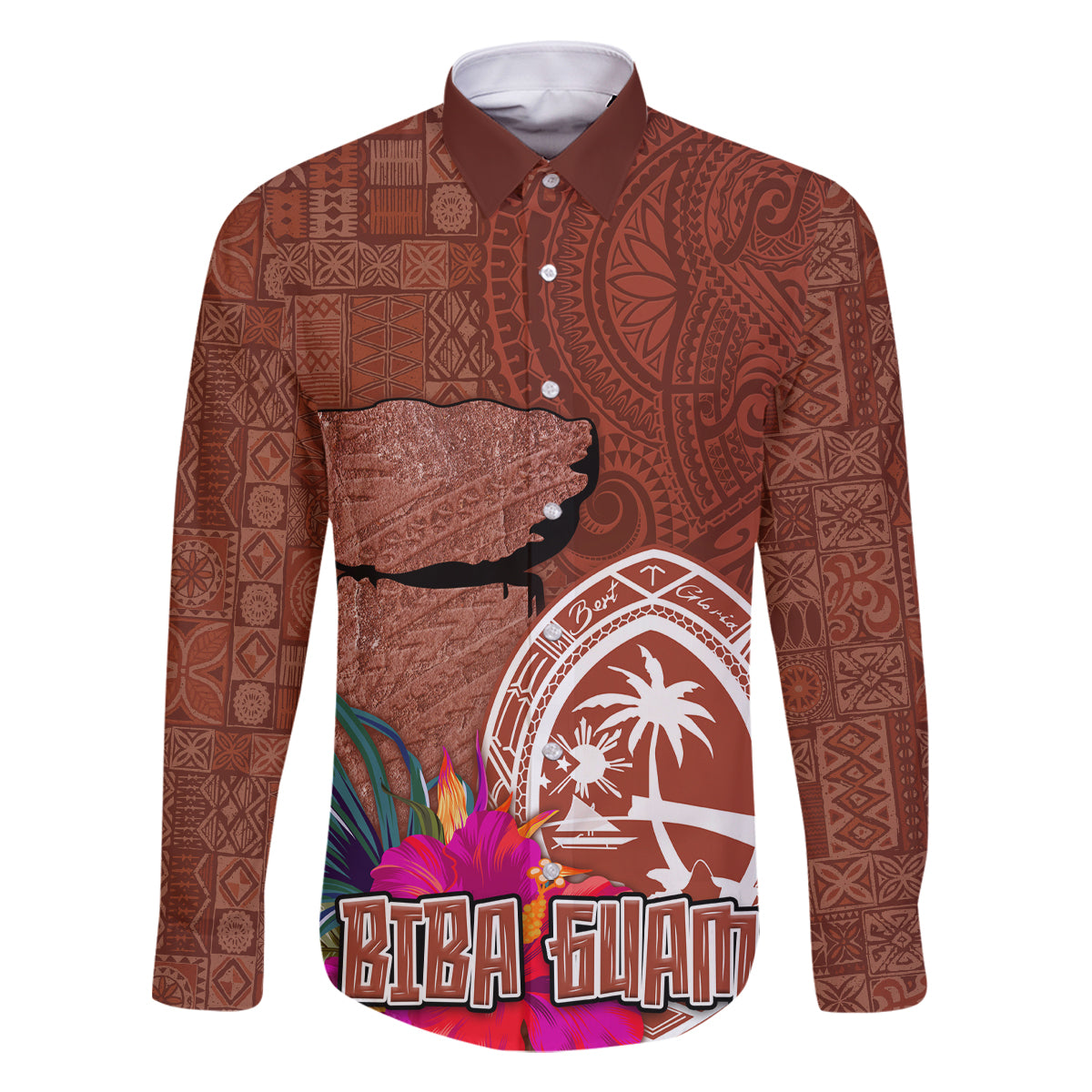 Chamorro Biba Guam Family Matching Off Shoulder Short Dress and Hawaiian Shirt Latte Stone Tribal and Hibiscus Flower Tapa Pattern LT03 Dad's Shirt - Long Sleeve Brown - Polynesian Pride