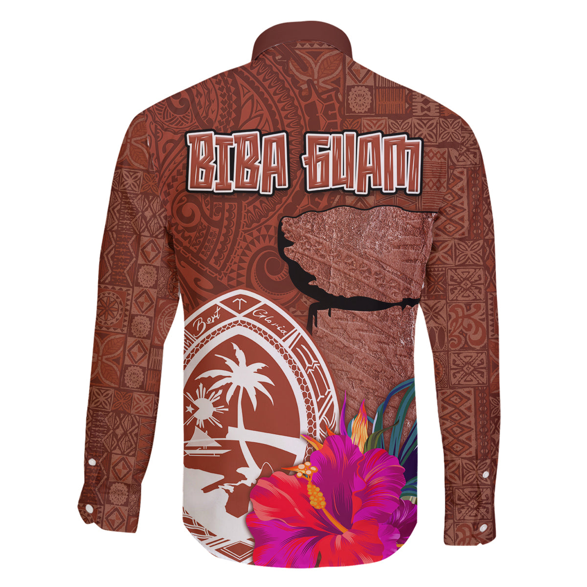 Chamorro Biba Guam Family Matching Off Shoulder Short Dress and Hawaiian Shirt Latte Stone Tribal and Hibiscus Flower Tapa Pattern LT03 - Polynesian Pride