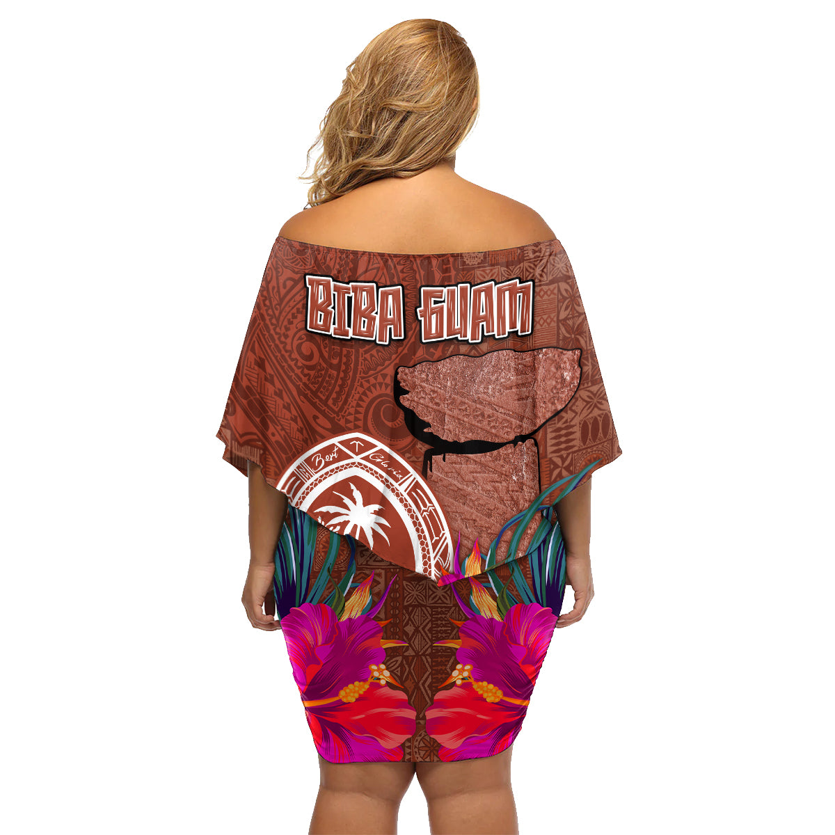 Chamorro Biba Guam Family Matching Off Shoulder Short Dress and Hawaiian Shirt Latte Stone Tribal and Hibiscus Flower Tapa Pattern LT03 - Polynesian Pride