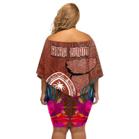 Chamorro Biba Guam Family Matching Off Shoulder Short Dress and Hawaiian Shirt Latte Stone Tribal and Hibiscus Flower Tapa Pattern LT03 - Polynesian Pride