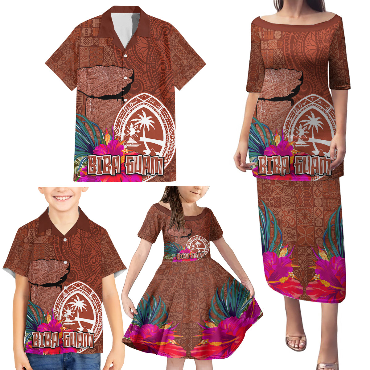 Chamorro Biba Guam Family Matching Puletasi and Hawaiian Shirt Latte Stone Tribal and Hibiscus Flower Tapa Pattern LT03 - Polynesian Pride