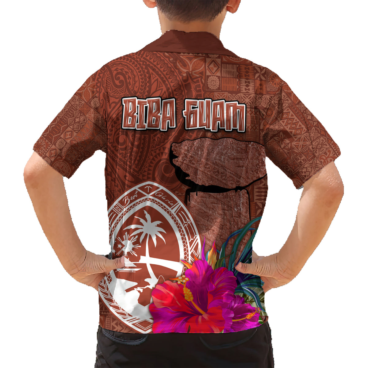Chamorro Biba Guam Family Matching Short Sleeve Bodycon Dress and Hawaiian Shirt Latte Stone Tribal and Hibiscus Flower Tapa Pattern LT03 - Polynesian Pride