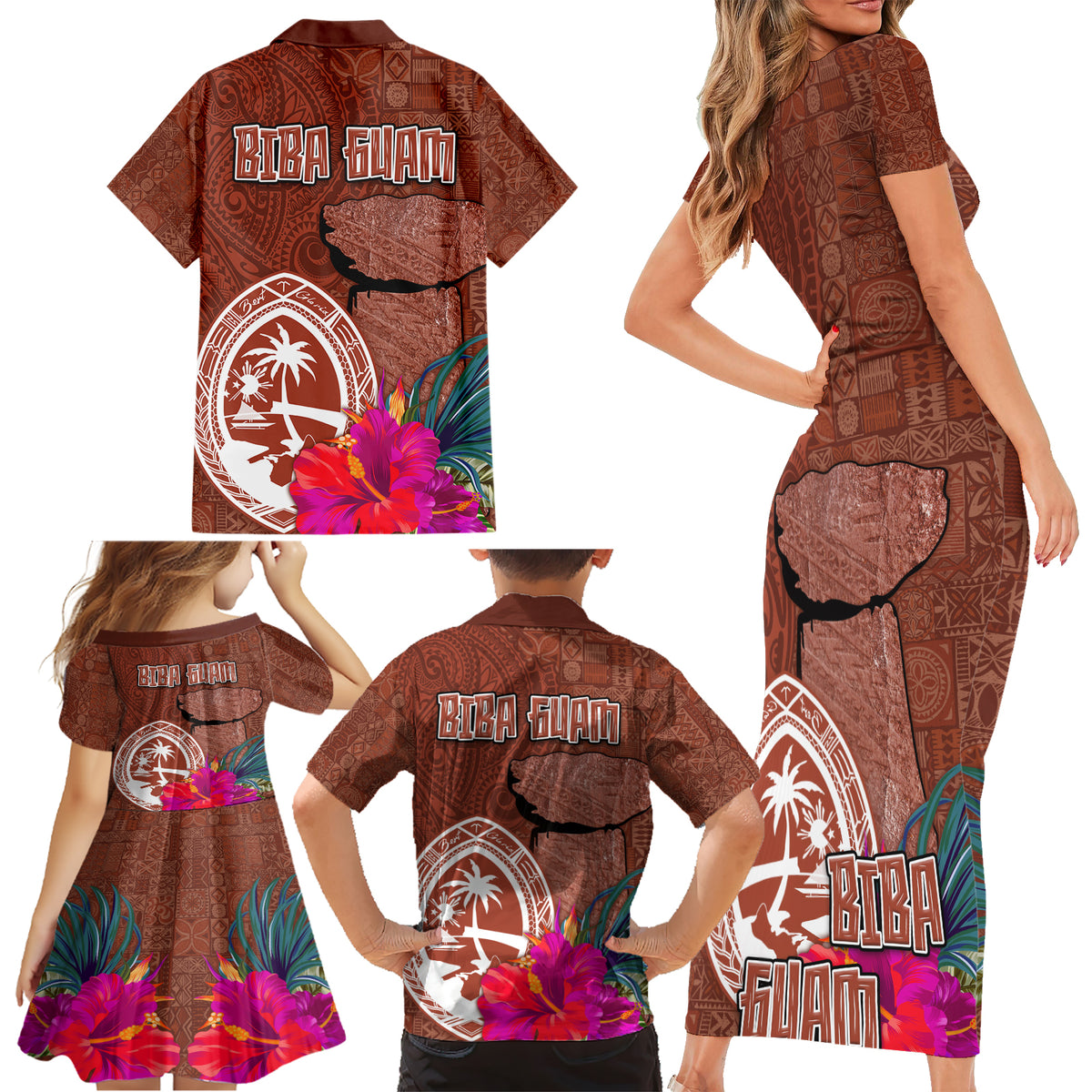 Chamorro Biba Guam Family Matching Short Sleeve Bodycon Dress and Hawaiian Shirt Latte Stone Tribal and Hibiscus Flower Tapa Pattern LT03 - Polynesian Pride