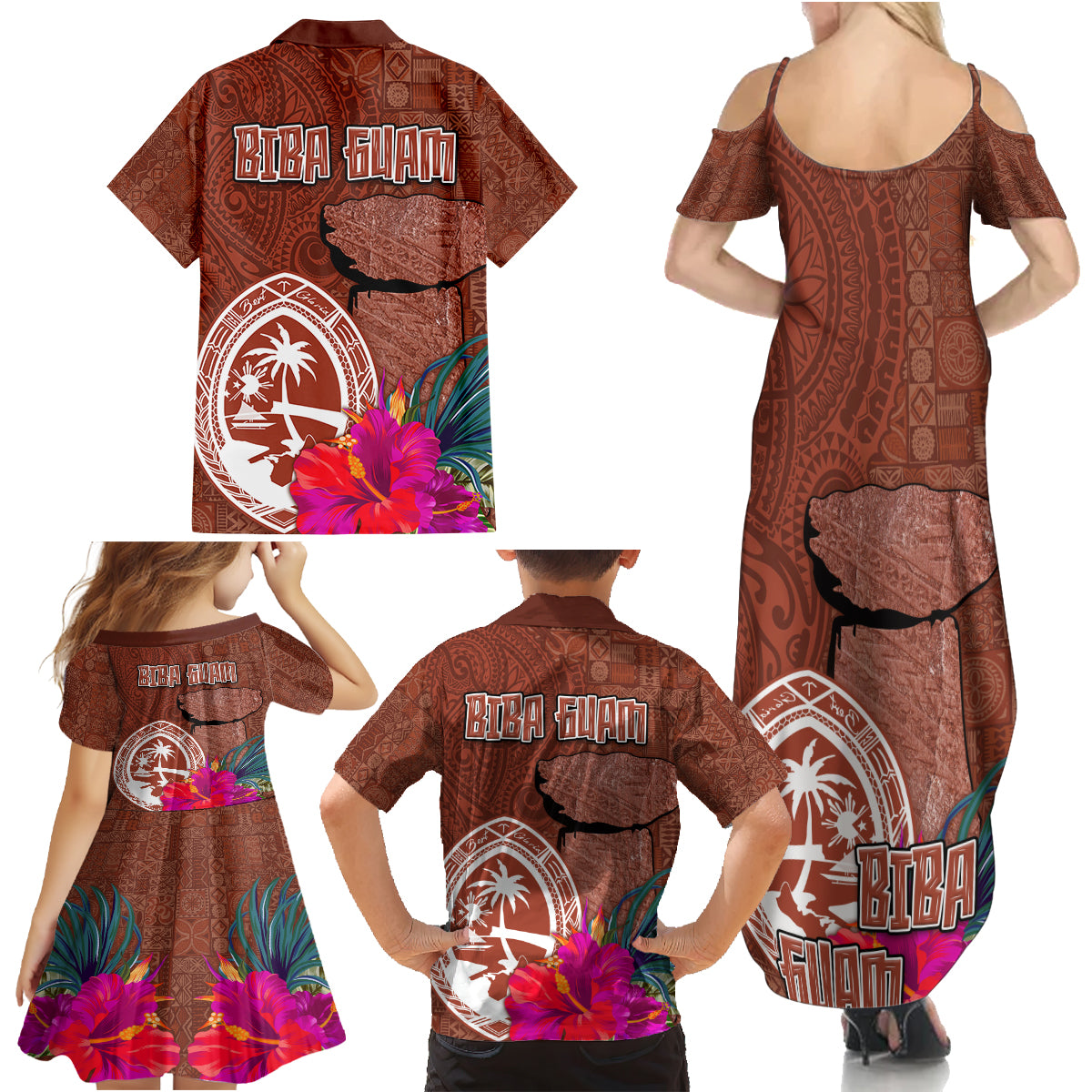 Chamorro Biba Guam Family Matching Summer Maxi Dress and Hawaiian Shirt Latte Stone Tribal and Hibiscus Flower Tapa Pattern LT03 - Polynesian Pride