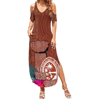 Chamorro Biba Guam Family Matching Summer Maxi Dress and Hawaiian Shirt Latte Stone Tribal and Hibiscus Flower Tapa Pattern LT03 Mom's Dress Brown - Polynesian Pride