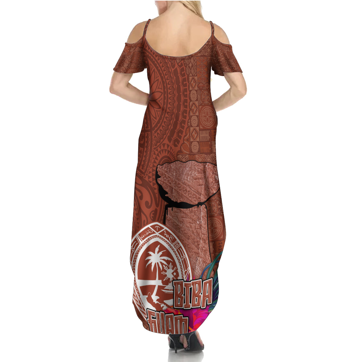 Chamorro Biba Guam Family Matching Summer Maxi Dress and Hawaiian Shirt Latte Stone Tribal and Hibiscus Flower Tapa Pattern LT03 - Polynesian Pride
