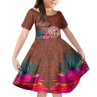 Chamorro Biba Guam Family Matching Tank Maxi Dress and Hawaiian Shirt Latte Stone Tribal and Hibiscus Flower Tapa Pattern LT03 Daughter's Dress Brown - Polynesian Pride