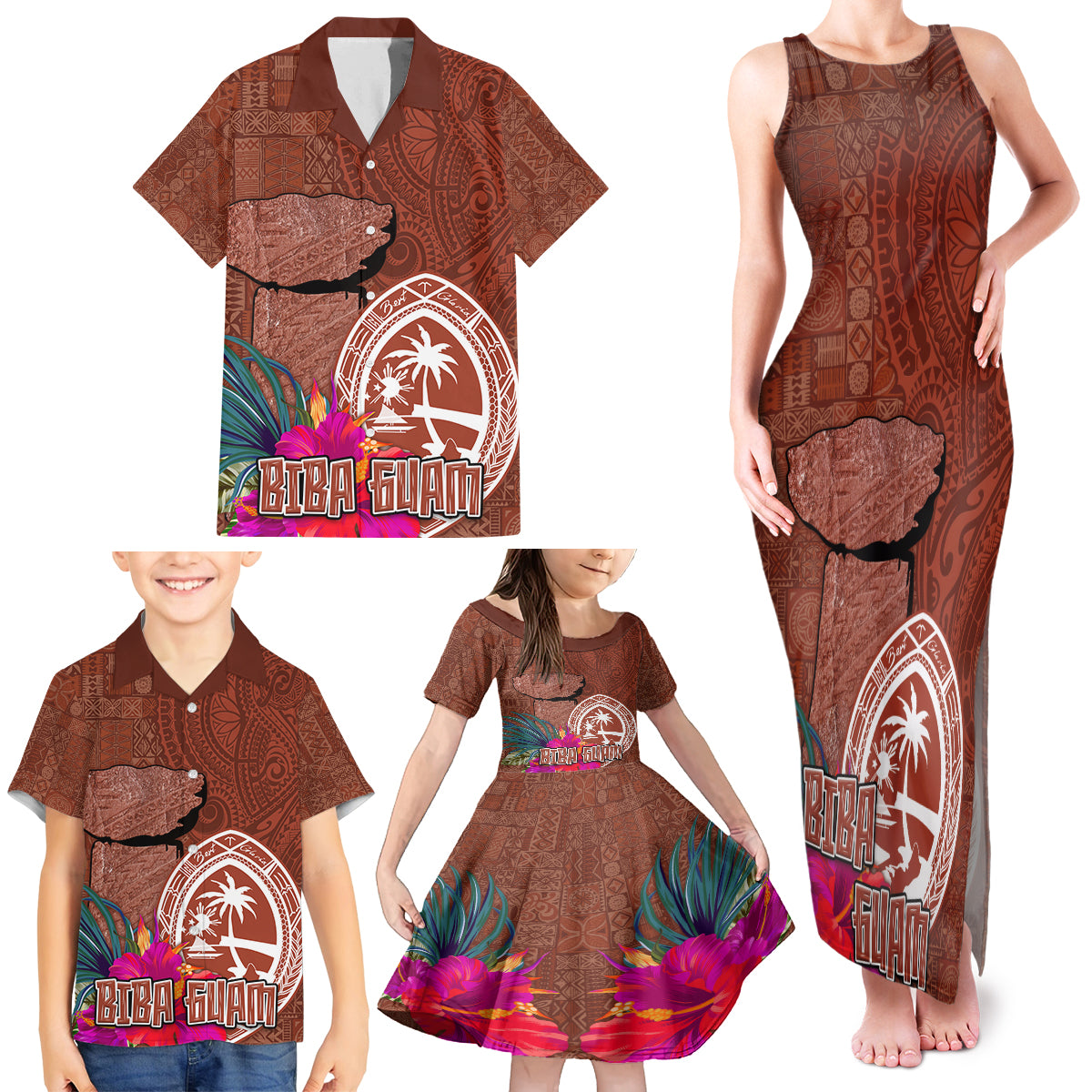 Chamorro Biba Guam Family Matching Tank Maxi Dress and Hawaiian Shirt Latte Stone Tribal and Hibiscus Flower Tapa Pattern LT03 - Polynesian Pride