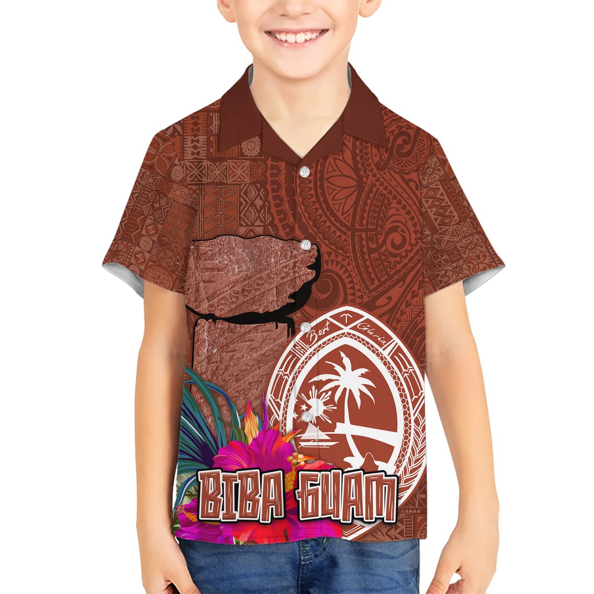 Chamorro Biba Guam Hawaiian Shirt Latte Stone Tribal and Hibiscus Flower Tapa Pattern