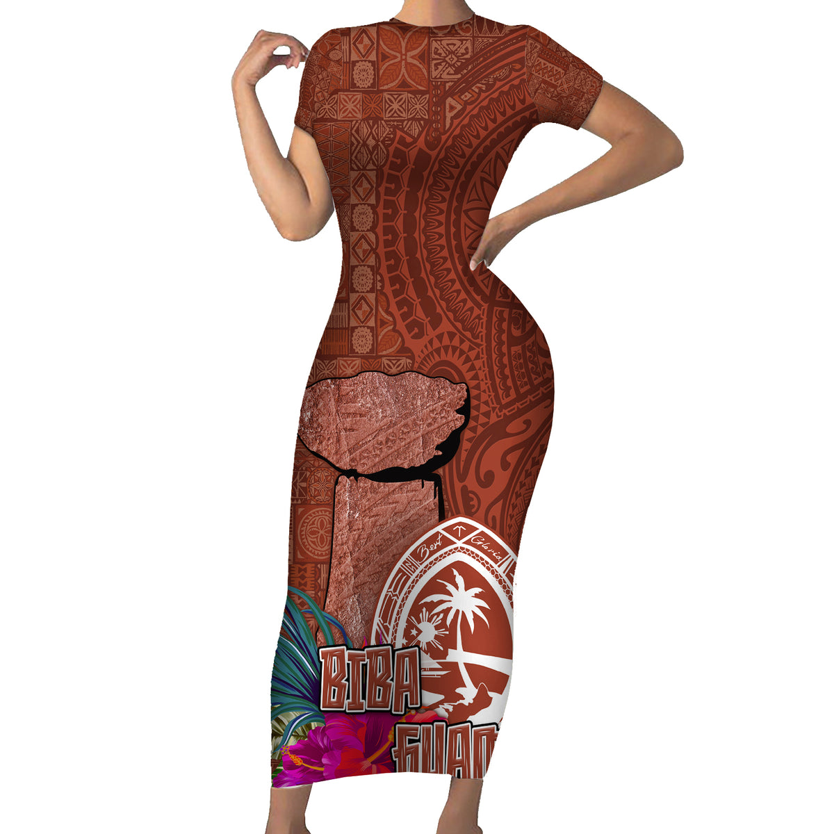 Chamorro Biba Guam Short Sleeve Bodycon Dress Latte Stone Tribal and Hibiscus Flower Tapa Pattern LT03 Long Dress Brown - Polynesian Pride