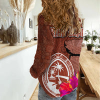 Chamorro Biba Guam Women Casual Shirt Latte Stone Tribal and Hibiscus Flower Tapa Pattern LT03 - Polynesian Pride