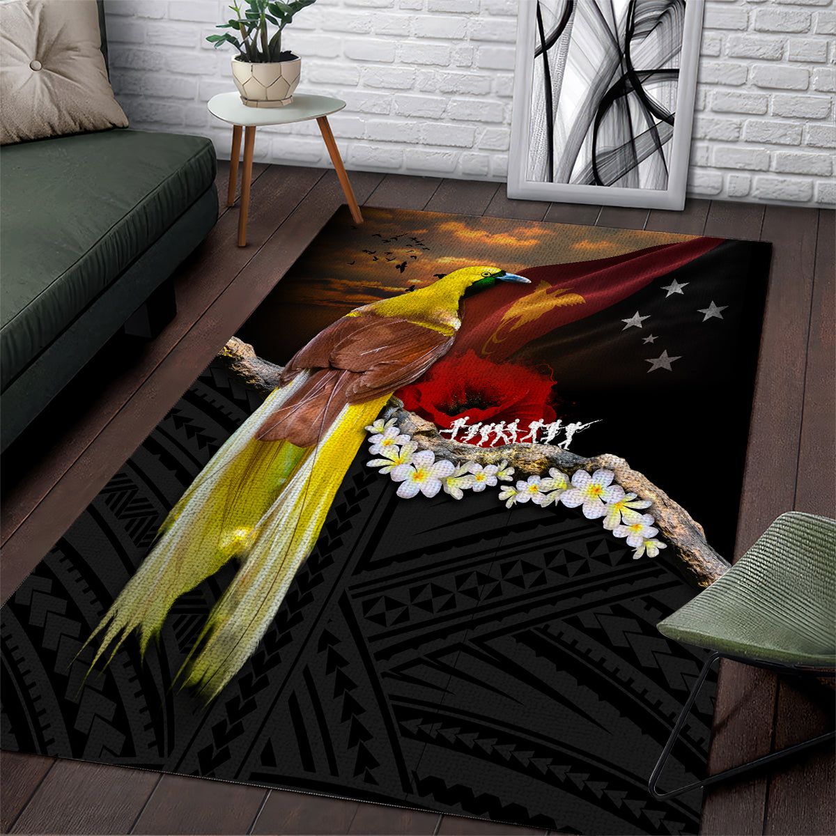 Papua New Guinea Remembrance Day Area Rug Bird of Paradise Plumeria Flower and Polynesian Pattern LT03 Black - Polynesian Pride