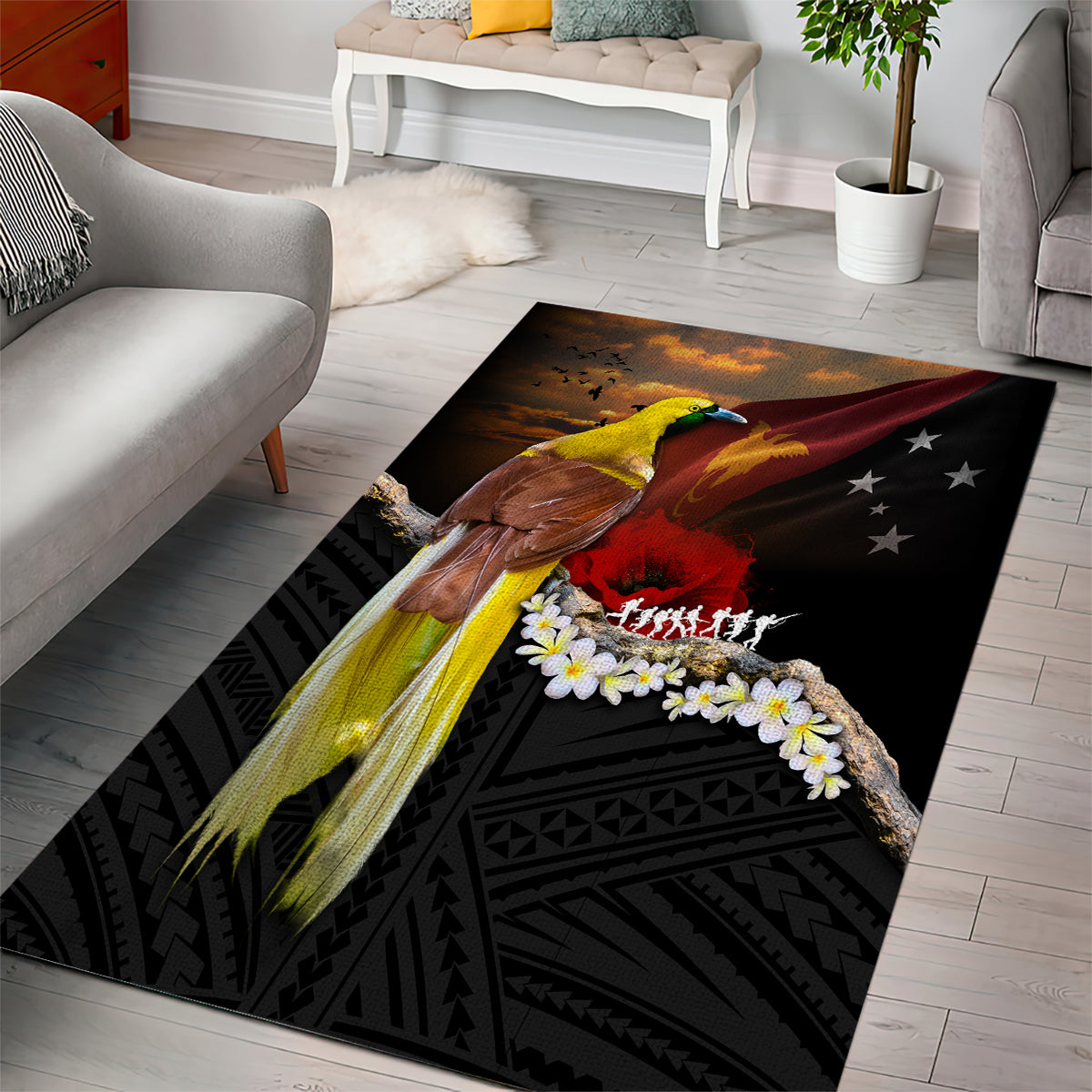 Papua New Guinea Remembrance Day Area Rug Bird of Paradise Plumeria Flower and Polynesian Pattern LT03 - Polynesian Pride