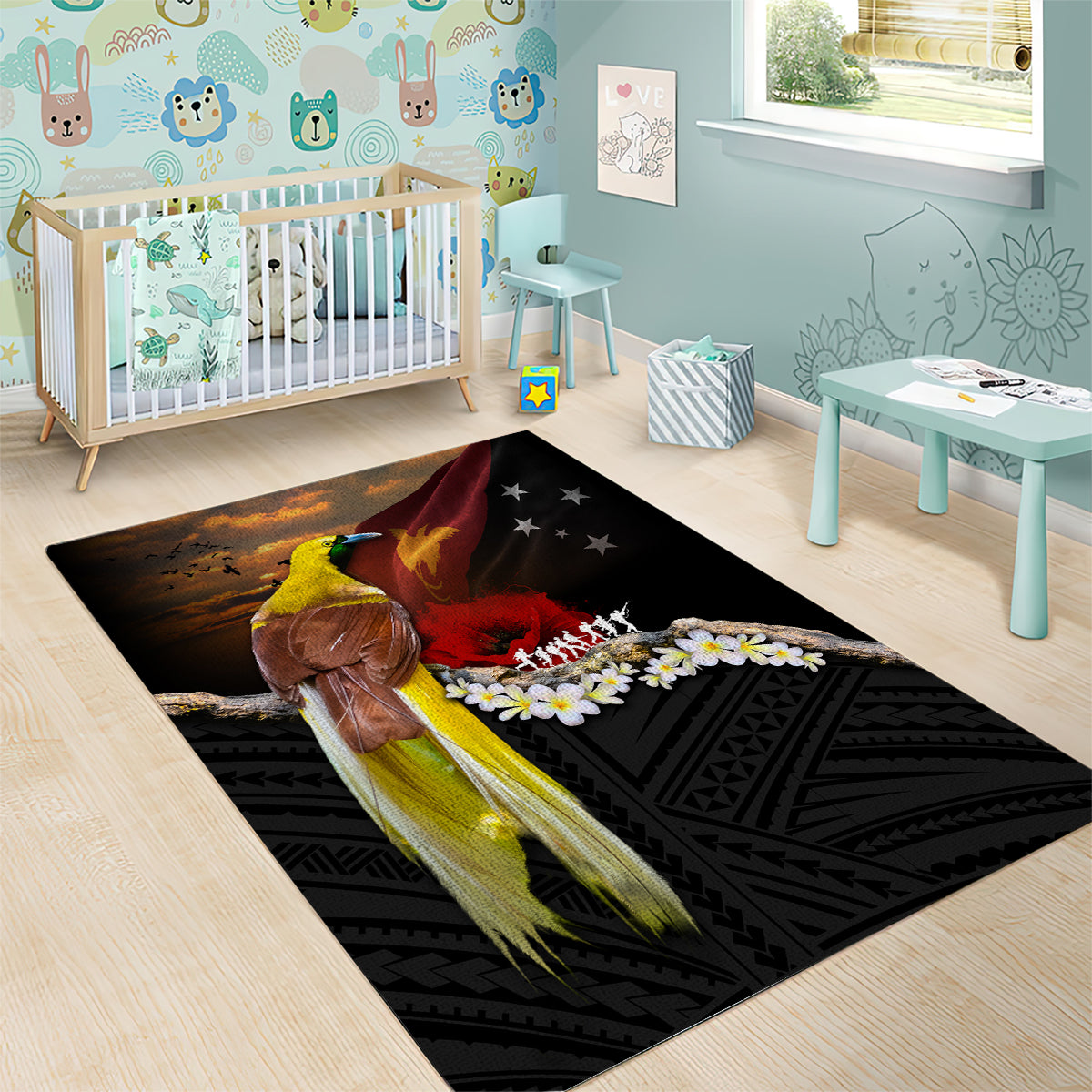 Papua New Guinea Remembrance Day Area Rug Bird of Paradise Plumeria Flower and Polynesian Pattern LT03 - Polynesian Pride