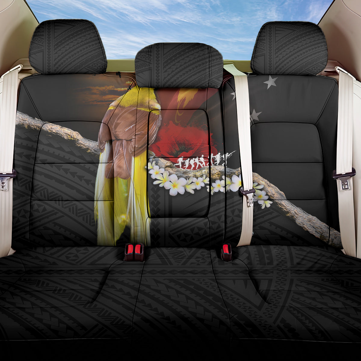 Papua New Guinea Remembrance Day Back Car Seat Cover Bird of Paradise Plumeria Flower and Polynesian Pattern LT03 One Size Black - Polynesian Pride