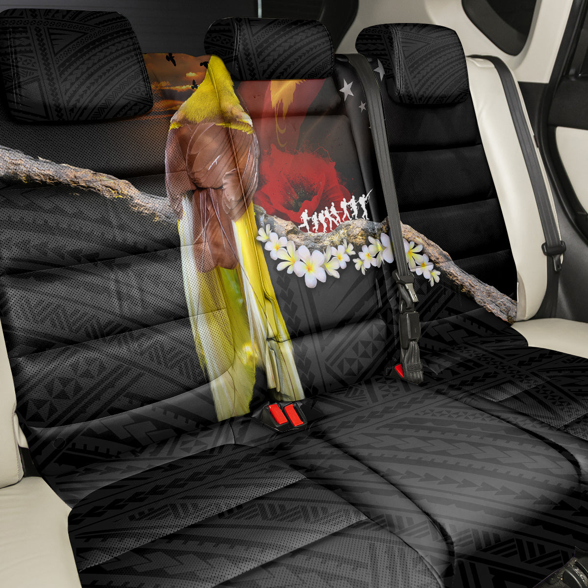 Papua New Guinea Remembrance Day Back Car Seat Cover Bird of Paradise Plumeria Flower and Polynesian Pattern LT03 - Polynesian Pride