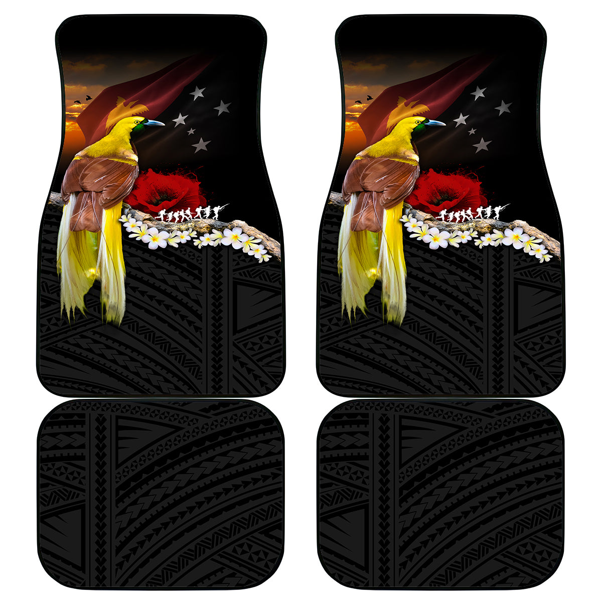 Papua New Guinea Remembrance Day Car Mats Bird of Paradise Plumeria Flower and Polynesian Pattern LT03 - Polynesian Pride