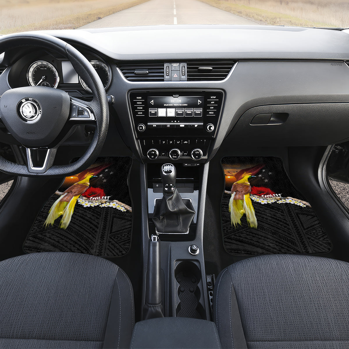 Papua New Guinea Remembrance Day Car Mats Bird of Paradise Plumeria Flower and Polynesian Pattern LT03 Set 2pcs - Front Black - Polynesian Pride